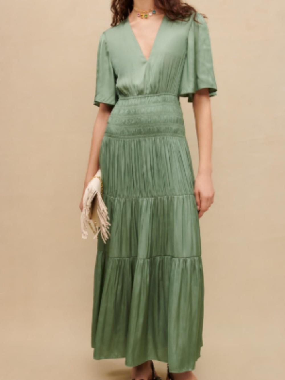 Maje Green Plunging V-Neck Short Sleeve Long Satiny Maxi Dress Size 42FR/ US XL